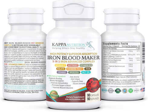 (90 Capsules), Iron 26mg, Vitamin C & Orange 150mg, Folate 667mcg DFE, Vitamin B12, Beetroot, Brewers Yeast, Broccoli & MCT Oil 9 in 1 Advanced Co...