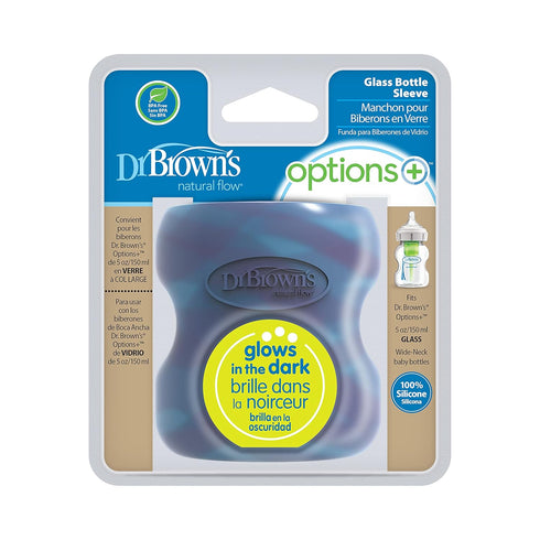 Dr. Brown's Options+ Wide-Neck Glass Bottle Sleeve, 100% Silicone, Glow-in-the-Dark, BPA-Free, 5 oz, 1-Pack...