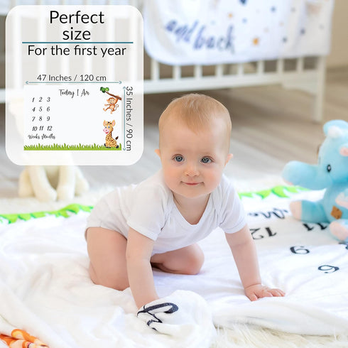 Baby Monthly Milestone Blanket | for Newborn Boy or Girl, Unisex | Month Blanket Baby for Pictures | Jungle Safari, Giraffe & Monkey Theme | Perso...