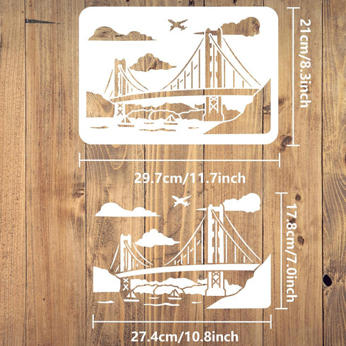 FINGERINSPIRE Golden Gate Bridge Stencil 8.3x11.7inch Reusable Bridge Pattern Painting Template Chain Bridge River Cloud Airplane Ship Decoration ...