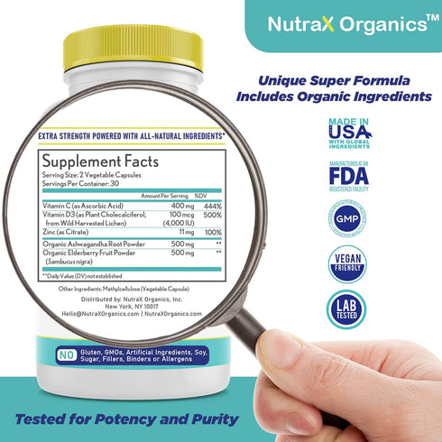 All-in-One Organic Immune Support Supplement 60 Vegan Capsules - Elderberry 500mg, Ashwagandha 500mg, 400mg Vitamin C and Zinc - Vitamin D3 - Immu...