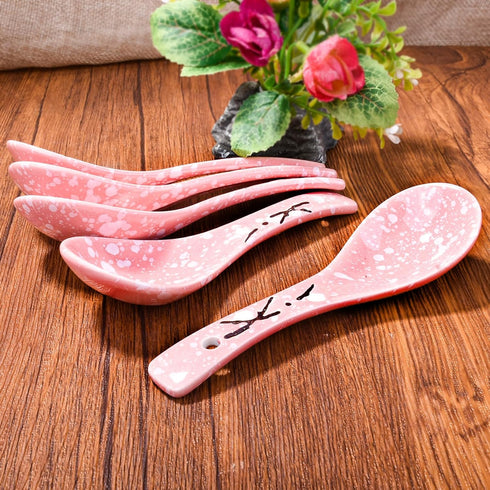 Japanese Soup Spoons Set of 5, Pink Ceramic Spoon for Soup, Ramen, Pho, Gravy, Cake, Oatmeal, Chaos, Dumplings,Salad...
