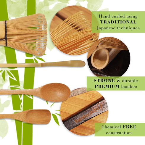 BambooMN Matcha Whisk Set - Black Chasen (Tea Whisk), Black Tray, Chashaku (Hooked Bamboo Scoop), Tea Spoon - 2 Sets...