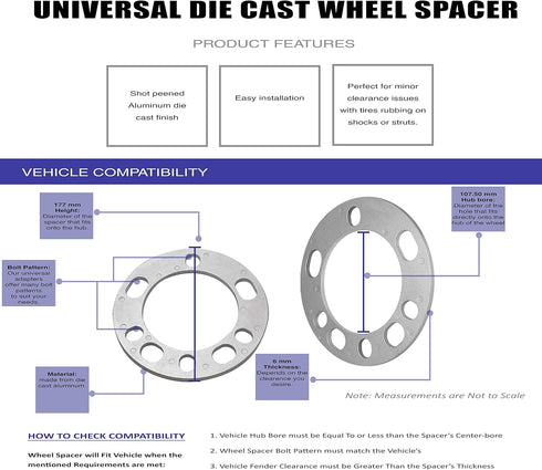 Wheel Accessories Parts Set of 2 Universal Wheel Spacers 6mm (1/4") Thickness Fit 5x135mm, 5x139.70mm (5x5.50), 6x139mm (6x5.50) Die Cast Wheel Sp...