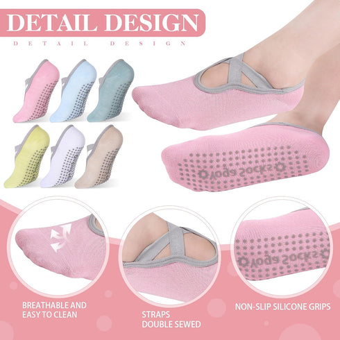 6 Pairs Yoga Socks for Women Pilates Socks with Grip and Straps Non Slip Yoga Accessories for Women Workout Ballet Dance...