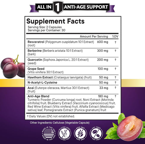 NEW AGE Resveratrol 6000mg Berberine 3000mg Grape Seed Extract 3000mg Quercetin 4000mg - Polyphenol Supplement for Women and Men with Noni Extract...