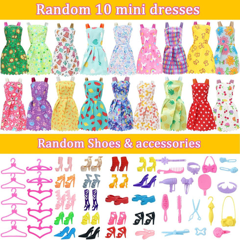60pcs Doll Clothes and Accessories Fashion Dress Wedding Gowns, Daily Tops Pants Outfits Jumpsuit Swimsuits Bikini, 10 Mini Dresses Skirts, Shoes ...