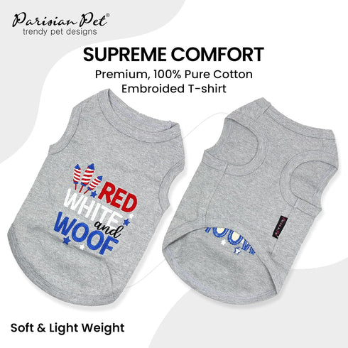 Parisian Pet Dog T-Shirt - Embroidered Red White and Woof 100% Cotton, Breathable Dog Clothes - Grey Sleeveless Pet Vest - Machine Washable Dog Sh...