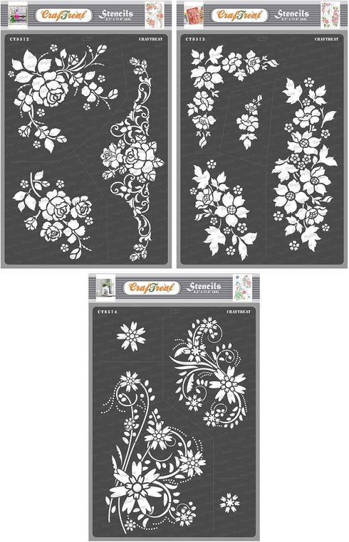 CrafTreat Flower Stencils for Painting on Wood and Canvas- A Bouquet of Roses, A Bunch of Blooms and Floral Flourish - 3 Pcs - Size: A4 (8.3 x 11....