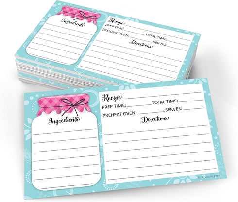 321Done Small 3x5 Recipe Cards (Set of 50) - Mason Jar - Thick Double Sided Premium Card Stock - Made in USA - Rustic Pink and Teal, Notes From...