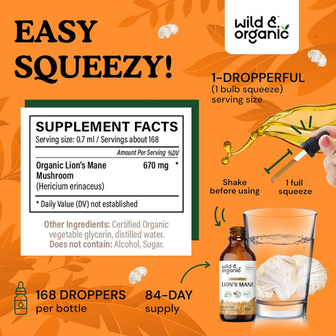 Lions Mane Liquid Extract - Organic Lions Mane Mushroom Supplement - Lion’s Mane Tincture - Vegan, Alcohol Free Drops - 4 fl oz...
