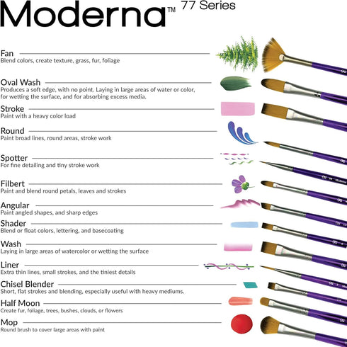 Royal & Langnickel Moderna, 5pc Oval Wash & Blender Brush Set for All Painting Mediums, Includes - Oval Wash, Blender, Fan & Liner Brushes Purple...