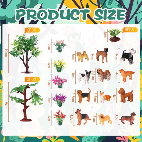 Sratte 26 Pcs Mini Dog Figurines Playset 12 Toy Dogs 9 Model Trees 5 Artificial Flowers Animal Figurines Diorama Supplies for Cake Toppers Toddler...