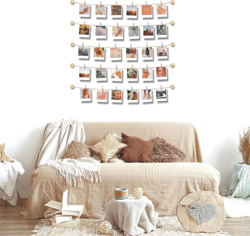 BIZYAC Hanging Photo Display Room Wall Decor - Sculptural Picture Frames Collage - 5 Strings with 30 Clips - 3M Self Adhesive Hooks - No Holes Dri...