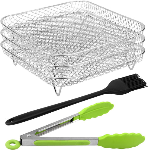 8" Air Fryer Rack for Air Fryer, Stainless Steel Three-Layer Air Flow Rack with Rus-tproof Oil Brush Food Clip,Air Fryer Accessories Fit all 5.8QT...