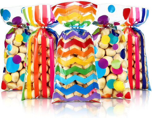 105 Pcs Rainbow Cellophane Treat Bags Bulk Plastic Polka Dot Stripes Goodie Candy Favor Bags with Twist Ties for Back to School Party Favors Anniv...