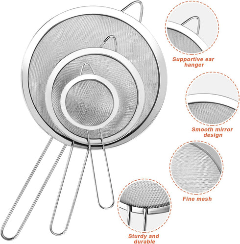 3Pcs Super Wire Extra Fine Mesh Strainer with Handle, Small Medium Large Size Sifter Metal Strainer Set, Stainless Steel Sieve Fine Mesh Strainers...