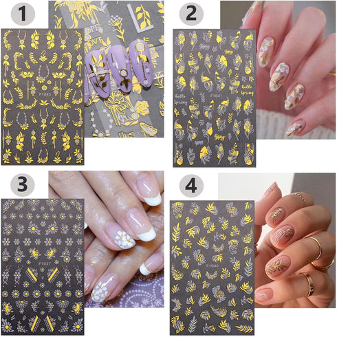 8 Sheets Gold Nail Stickers Flower Nail Decals 3D Self Adhesive Leaf Nail Art Stickers Spring Nail Designs Nail Art Supplies for Women Nail Manicu...