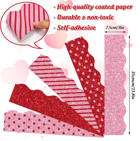 Whaline 69Ft Valentine's Day Glitter Bulletin Board Borders 5 Designs Shine Red Pink Heart Stripe Dot Decoration Trim Bulletin Board Stickers for ...