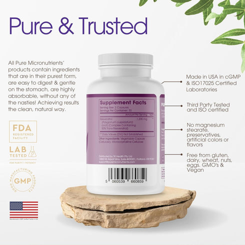 Pure Micronutrients - Pure Resveratrol Supplement - Extra Strength 1200mg Trans-Resveratrol - for Anti Aging, Heart & Immune Health - 60 Vegan Cap...