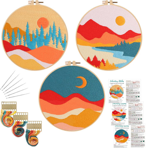 Louise Maelys 3 Set Landscape Embroidery Kits for Beginners with Mountain sun moon pattern,Adults Starter Cross Stitch Kit DIY Needlepoint Kits...