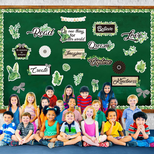 Boho Bulletin Board Set Greenery Plant Inspirational Cutouts Greenery Board Border Classroom Decor Simply Boho Positive Quote Sign for Kids Social...