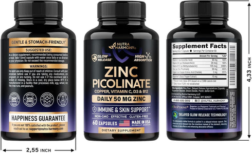 Zing Picolinate 50mg - Zinc Supplement with Copper, Vitamin D3 & B6 - Stomach Friendly | Slow Release Zinc - Immune Support & Skin Health - High A...