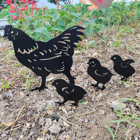 4Pcs Metal Chicken Garden Stakes, Decorative Hen and Chicks Yard Stakes, Metal Animal Yard Decor, Chicken Art Silhouette Statue for Lawn Patio Gaz...