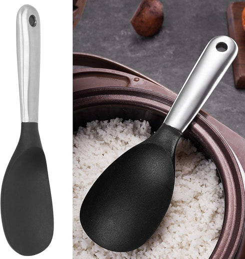 Rice Spoon, Silicone Rice Paddle Nonstick Rice Serving Spoon Stainless Steel Heat-Resistant Pan Cooking Utensil Rice Scoop with Hanging Hole for R...