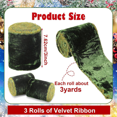 Jutom Velvet Ribbons for Gift Wrapping, Crafts - 3 Rolls, 3 Inch x 3 Yard, Olive Green...
