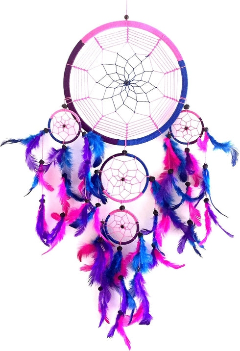 OMA Dream Catcher Traditional Tie Dye Colors Pink, Blue & Purple Feathers - 8.5" Diameter & 30" Long - (Tie Dye - Purple - Large)...