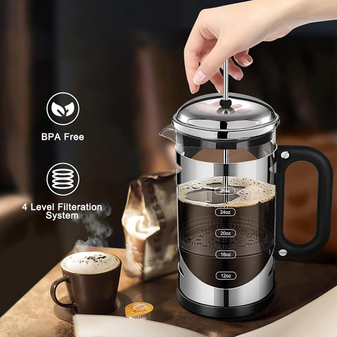 34 Ounce French Press Coffee Maker Chromium Stainless Steel Coffee Press, with 4-Level Filter System, Heat Resistant Thickness Borosilicate Glass,...