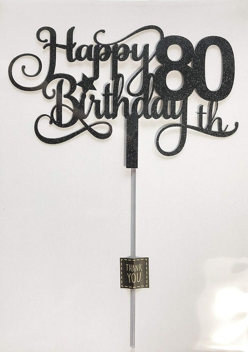 Black Glitter 80th Birthday Cake Topper, Happy 80th Birthday Cake Topper, 80th Birthday Party Decorations...