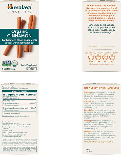 Himalaya Organic Cinnamon, for Glycemic Support, 1100 mg Daily, 60 Tablets, from Cassia Cinnamon Bark and Ceylon Cinnamon Extract, Non-GMO Project...