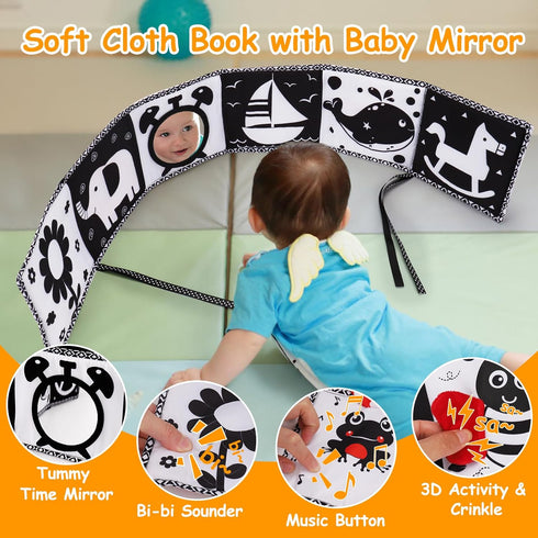 2 PCS Black and White High Contrast Baby Toys 0-6 Months Soft Crinkle Book for Early Education Montessori Sensory Toys for Newborn Brain Developme...