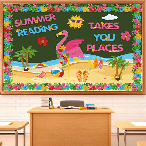 40 Pcs Summer Bulletin Board Decorations Set Hawaiian Tropical Flamingo Palm Beach Paper Cutouts Summer Flamingo Classroom Bulletin Board for Clas...