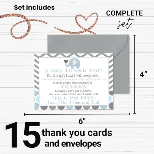 Paper Clever Party Blue Elephant Baby Shower Thank You Cards with Envelopes - Blank Notes with Prefilled Message for Boys - Personalize Cute Jungl...