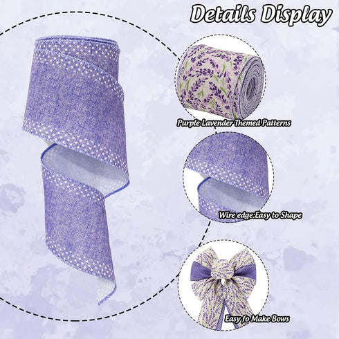 Lavender Wired Edge Ribbon Purple Flower Craft Ribbon Spring Summer Floral Fabric Ribbon for Wreath Bow Making DIY Crafts Wrapping Party Decor Sup...
