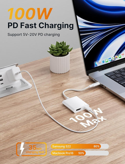 JSAUX USB-C to Digital AV Adapter, 2-in-1 USB C to HDMI with 100W Fast Charge, 4K@30Hz Thunderbolt 3 Type-C Compatible for iPhone 15 Pro Max/15 Pr...