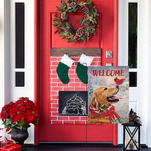 Welcome Winter Golden Retriever Dog Decorative Burlap Garden Flag, Puppy Cardinal Pet Home Yard Small Outdoor Decor, Christmas Snowy Outside Decor...
