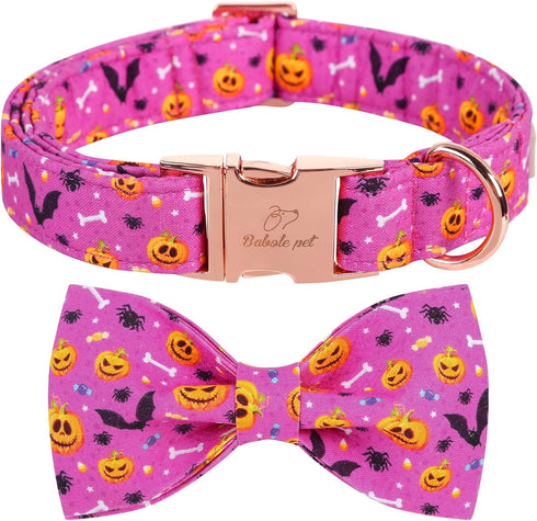 Halloween Boy Dog Collar Bow Tie, Thick Purple Pumpkin Male Dog Collar with Safety Metal Buckle Adjustable Wide Big Collars for Small Medium Large...