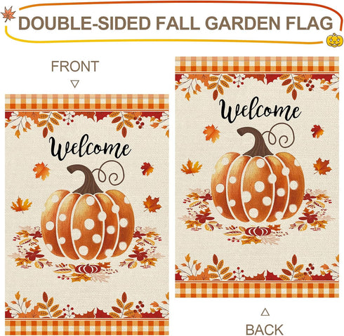 Leaves Fall Garden Flag?Welcome Pumpkin Fall Flag 12X18inch?Double Faced Linen Material ?Outdoor Fall Decor?Farmhouse Welcome Banner Pumpkin Decor...