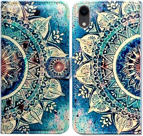 Case for iPhone XR, Green Circular Mandala Leather Flip Wallet Case Cover with Card Slot Holder Kickstand for iPhone XR Case...