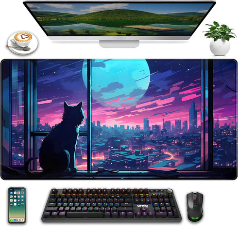 Cool Purple Kawaii Anime Moom Cat Desk Mat XXL Large Gaming Mouse Pad, Cute City Cats Desk Pad for Gamer Girl Women Office Desk Decor Mousepad, Co...