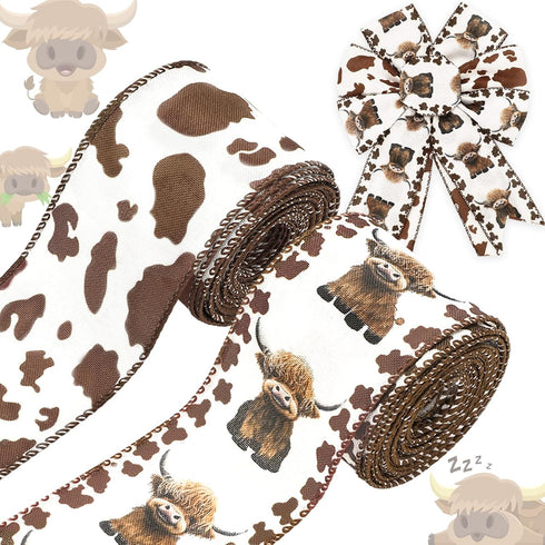 Highland Cow Wired Edge Ribbon Cow Print Craft Ribbon White Brown Fabric Ribbon for Wreath Bow Making DIY Crafts Wrapping Party Decor Supplies, 2 ...