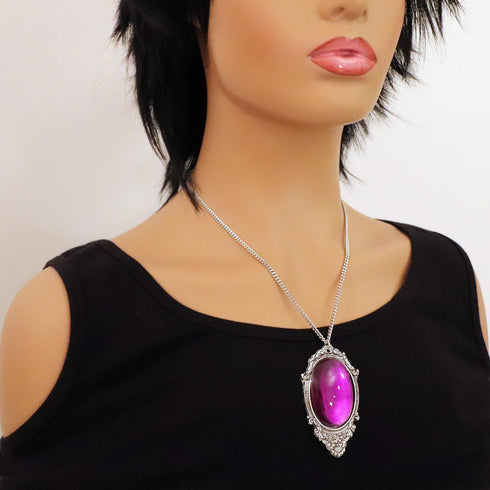 Purple Cabochon in Antiqued Silver Finish Pewter Frame Pendant Necklace...