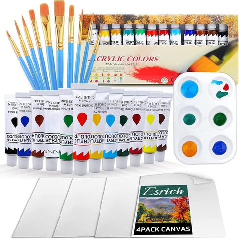 Acrylic Painting Set with 1 Packs / 10 PCS Nylon Hair Brushes 12 Color Tubes (12ml, 0.4 oz) 1 PCS Paint Plate and 4 PCS Canvas for Acrylic Paintin...