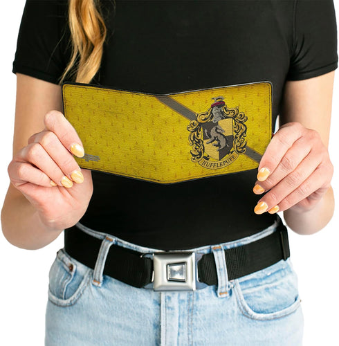 Buckle-Down Men's PU Bifold Wallet-Hufflepuff Crest/Stripe4 Weathered Gold/Brown, Multicolor, 4.0" x 3.5"...