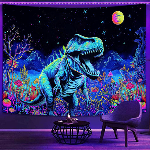 Blacklight Dinosaur Tapestry, Fantasy Neon Funny Dino Frog Mountain Art UV Reactive Tapestries, Cool Fairytales T-Rex Galaxy Space Glow in the Dar...