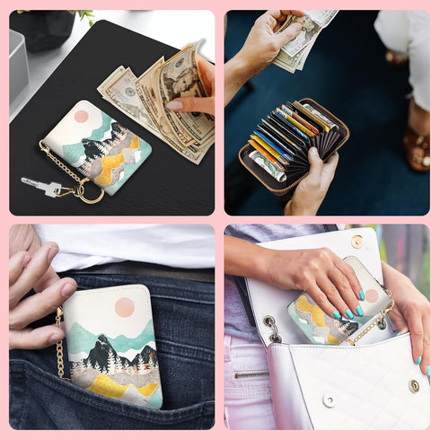 RFID Credit Card Holder Wallets for Women, Sunset Sunrise Mountain Small Card Case Wallet with Keychain and Zipper, Leather Card Holder Pocket Bus...